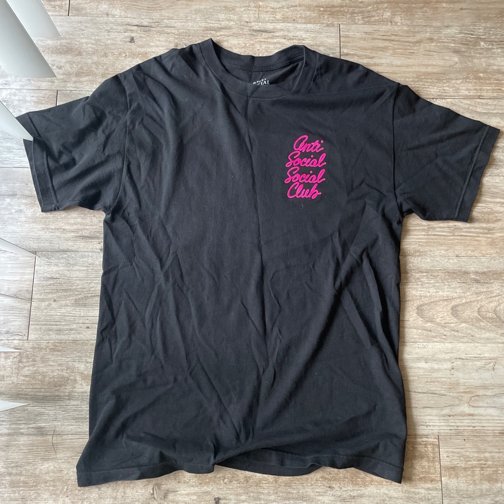 Black Anti Social Social Club with pink lettering size Large
